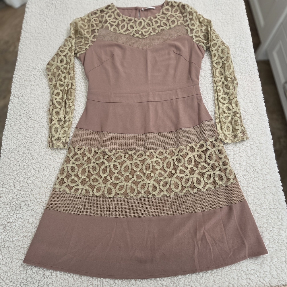 Esley Long‎ Sleeve Dress in Mauve and Beige Womens S Lace Formal